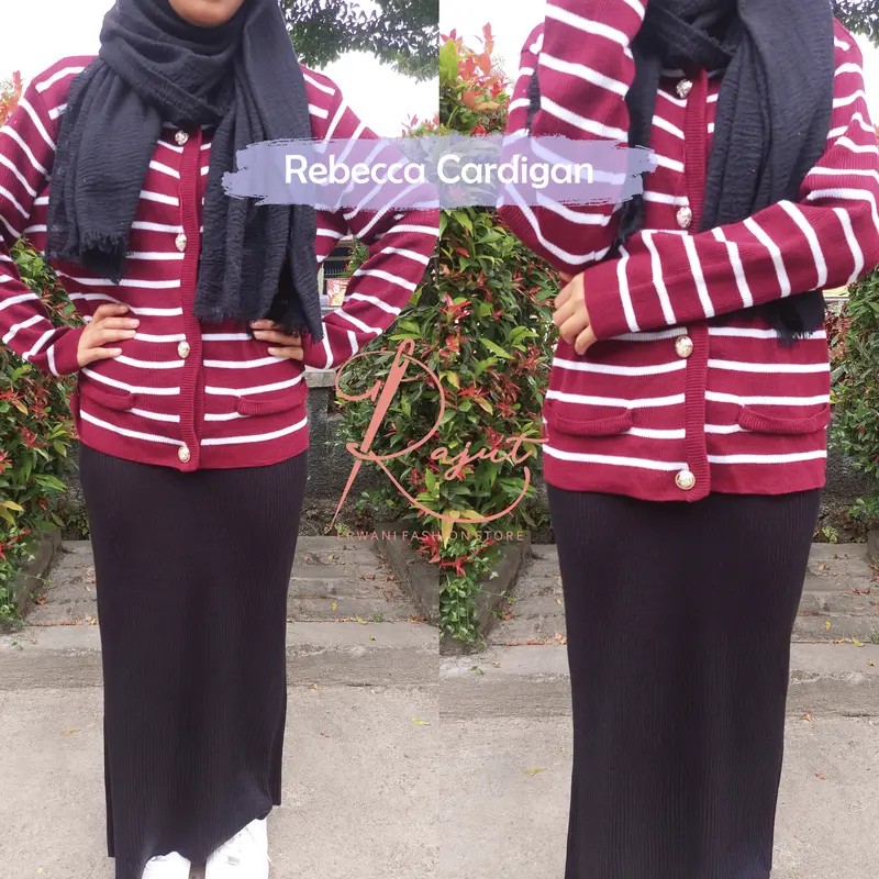 Rebecca Cardigan Rajut Wanita Motif Setrip Salur Lengan Panjang Bahan Akrilik Premium Kardigan Outer Retro Knitwear Atasan Nyaman 1