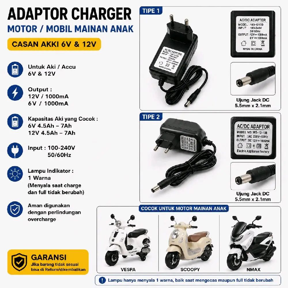 Adaptor Charger Motor Mobil Mainan anak Casan Akki 12V 6V 1000mA 7ah 4.5ah