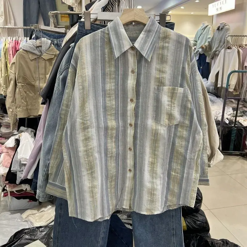 Retro Chiffon Contrast Color Vertical Stripes Elegant Long Sleeve Shirt Top Good Spring Concise Temperament Wild Casual Lining