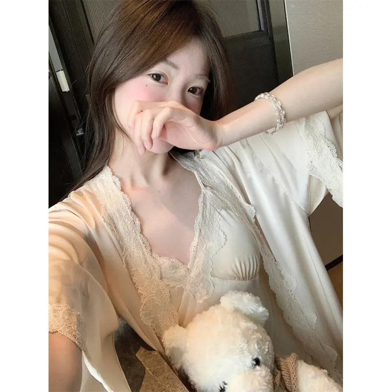 Set váy ngủ kèm choàng mặc nhà cổ V tay loe lụa mềm cho nữ - L0100 lụa sexy kèm choàng 7