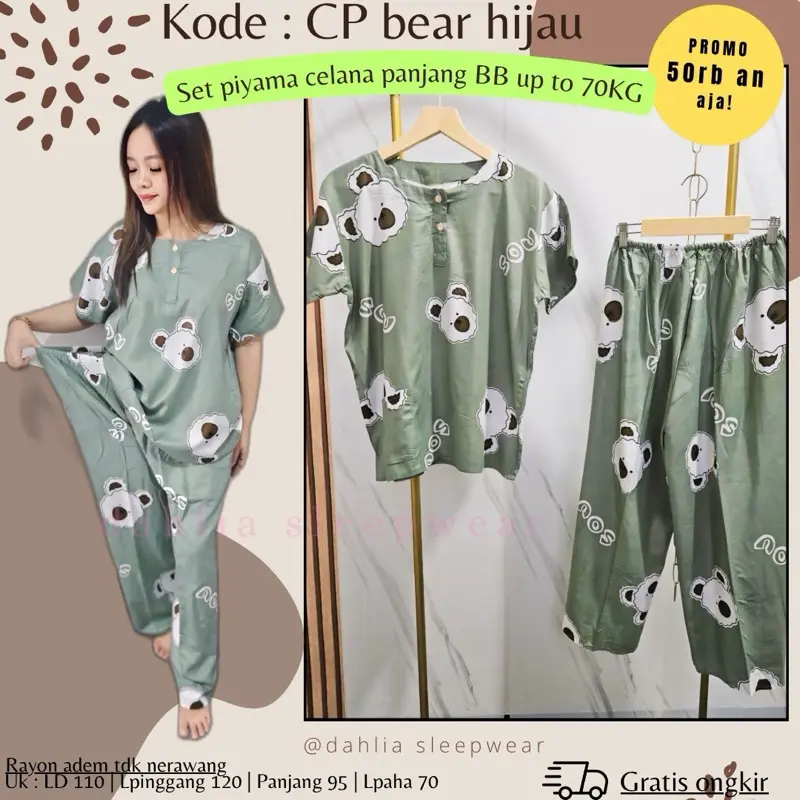 CP bear hijau + piyama pendek/panjang tulis warna
