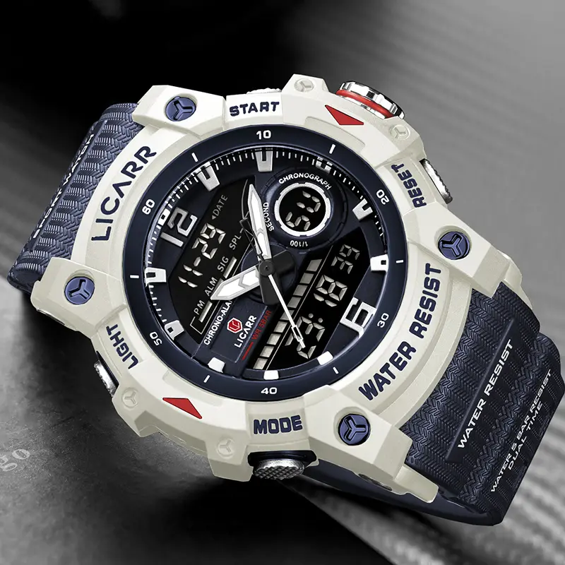 LICARR Jam Tangan Pria Fashion Analog-Digital Kasual, Multi-Fungsi, Tahan Air, Olahraga, dengan Gerakan Kuarsa dan Stopwatch, Model 9537