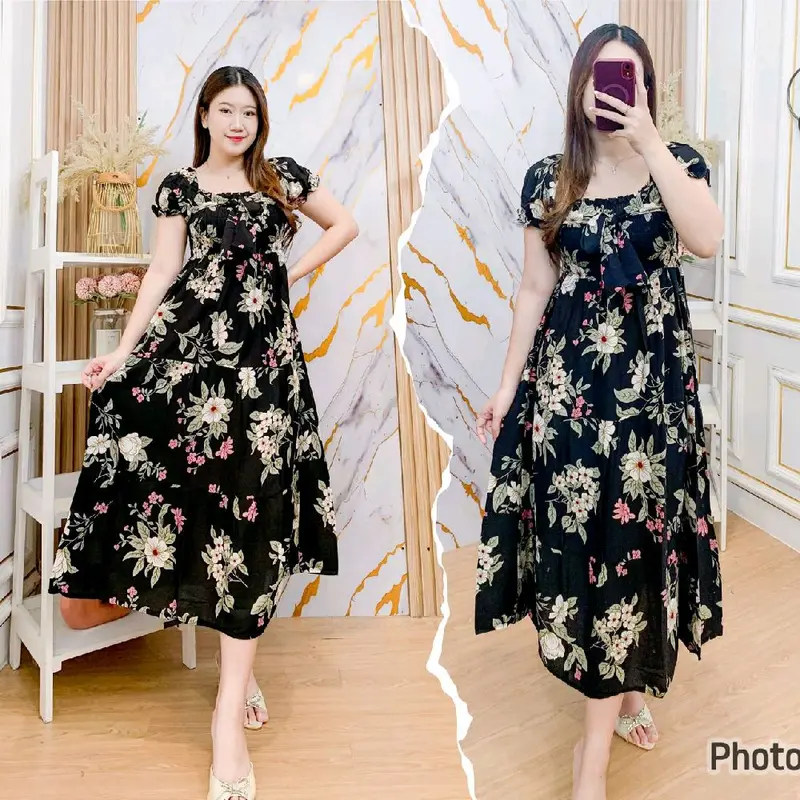 Lyona Dress Kerut Tali Pita Smoke Depan Belakang Bahan Adem Lembut Menyerap Keringat - Daster Kekinian Casual - Midi, Motif, Cantik, Kerah, Pendek, Santai, Panjang, Tangan 4