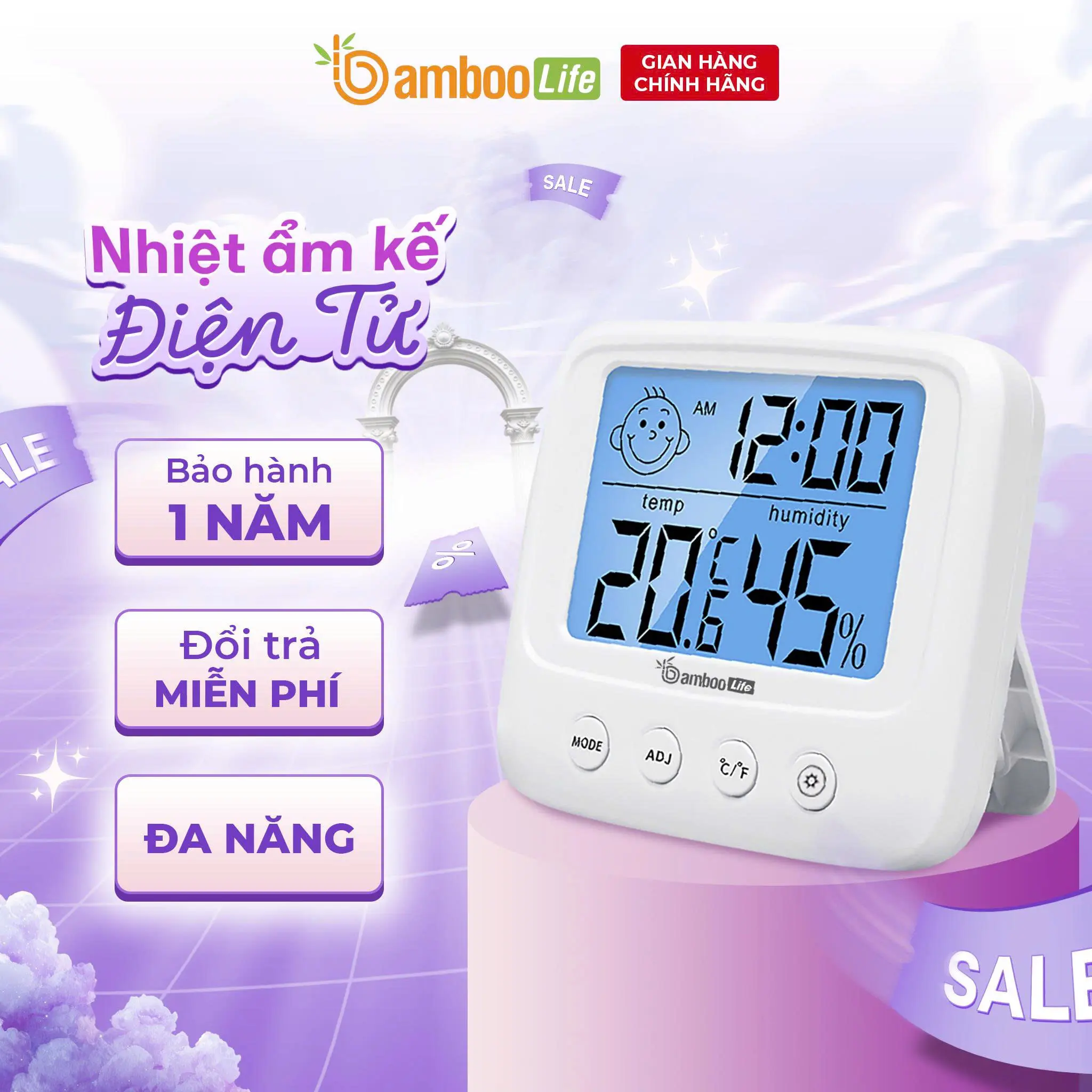 Nhiệt ẩm kế, nhiệt kế đo dộ ẩm Bamboo Life tích hợp đồng hồ nhiệt độ phòng cho bé