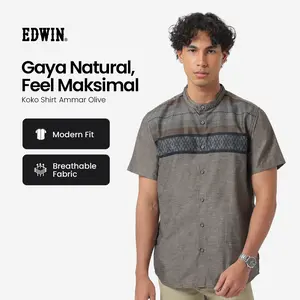 EDWIN JEANS - Kemeja Koko Pria Lengan Pendek AMMAR GREEN OLIVE Baju Muslim Pria Top Man Muslim Shirt