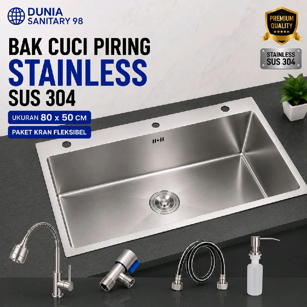 Paket Kitchen Sink Stainless Stell Hand Made 8050 Loonginc bak cuci piring Stainless Sus 304
