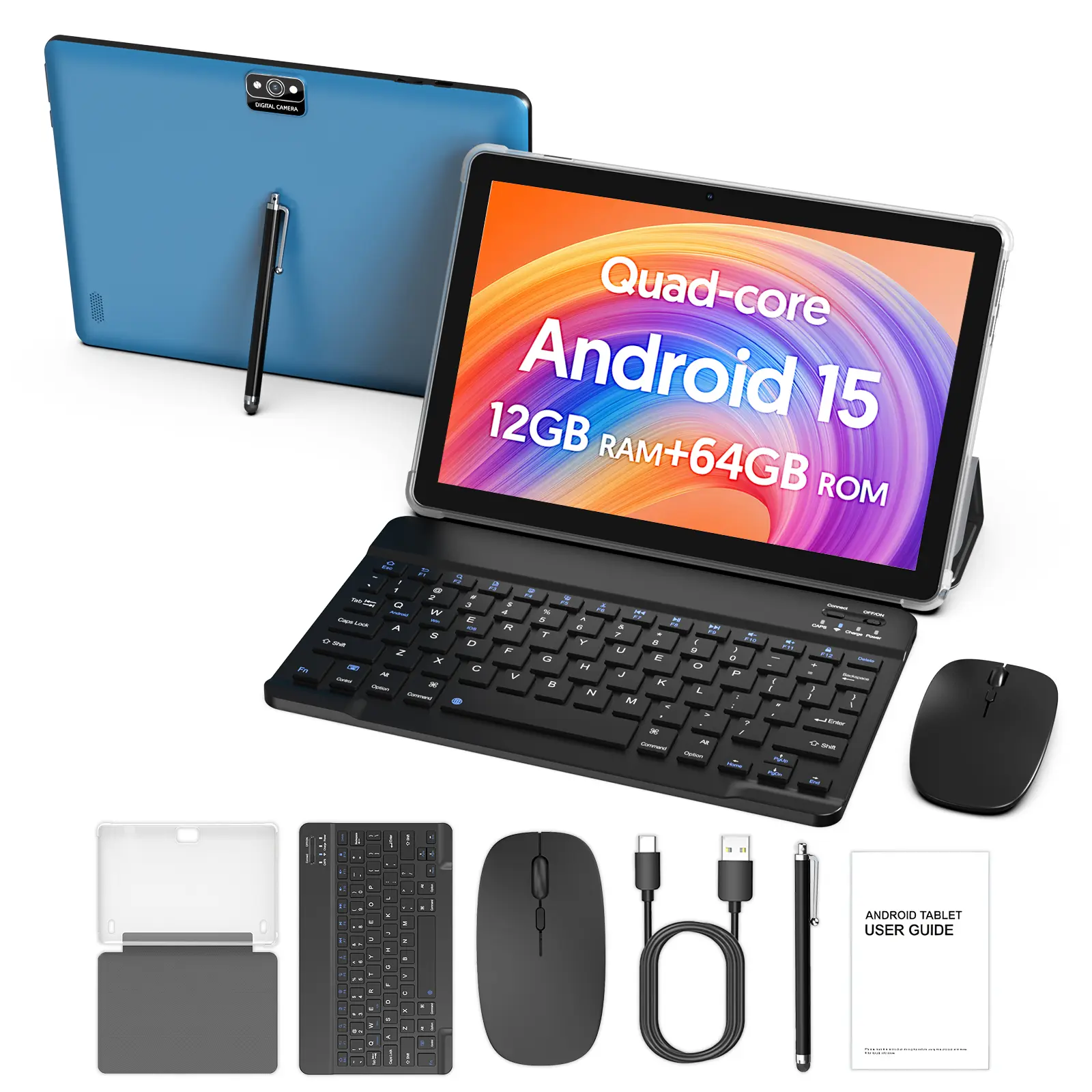 10インチAndroid 15タブレット、クアッドコアCPU搭載、RAM 12GB