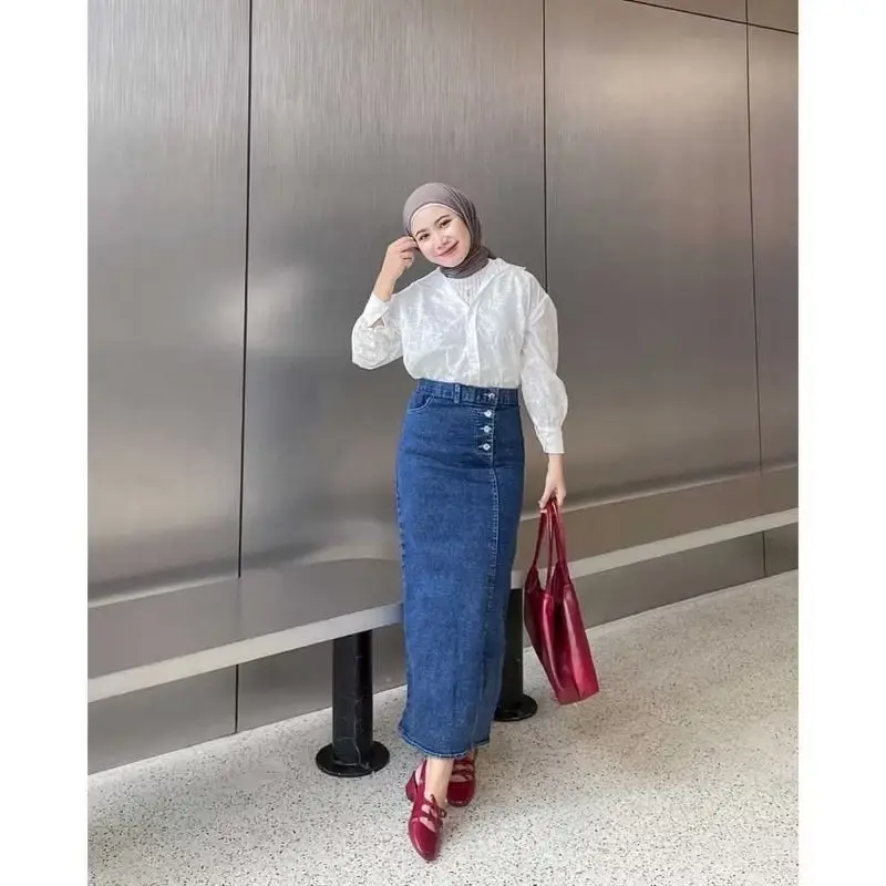 Rok Jeans Panjang Rebecca Highwaist untuk Wanita - Celana Dewasa Kancing 4
