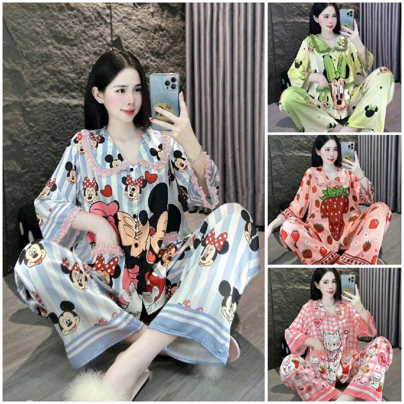 (40-60kg) Bộ Pijama Mặt Nhà Cổ Sen Tay Lỡ Chất Lụa Mịn Latin Áo Nút Đá  Nữ Women đồbộ mặc