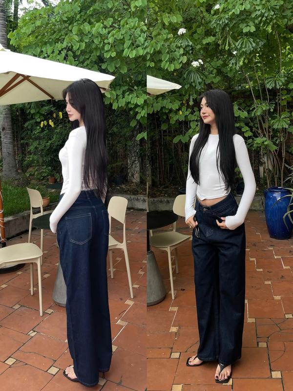 THE QUẠO - Quần Jeans Nữ Lưng Cao Ống Rộng Nối Túi Màu Xanh Đen S0402_539