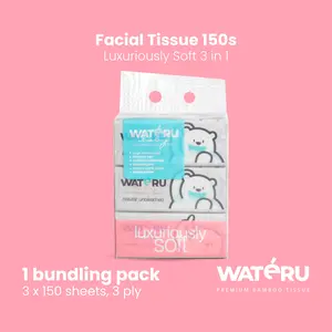 Wateru Facial Tissue Luxuriously Soft 150s, 1 bundling pack, 3 x 150 sheets, 3 ply | Natural & Unbleached | Wateru Baby Luxuriously Soft / Tisu Bambu