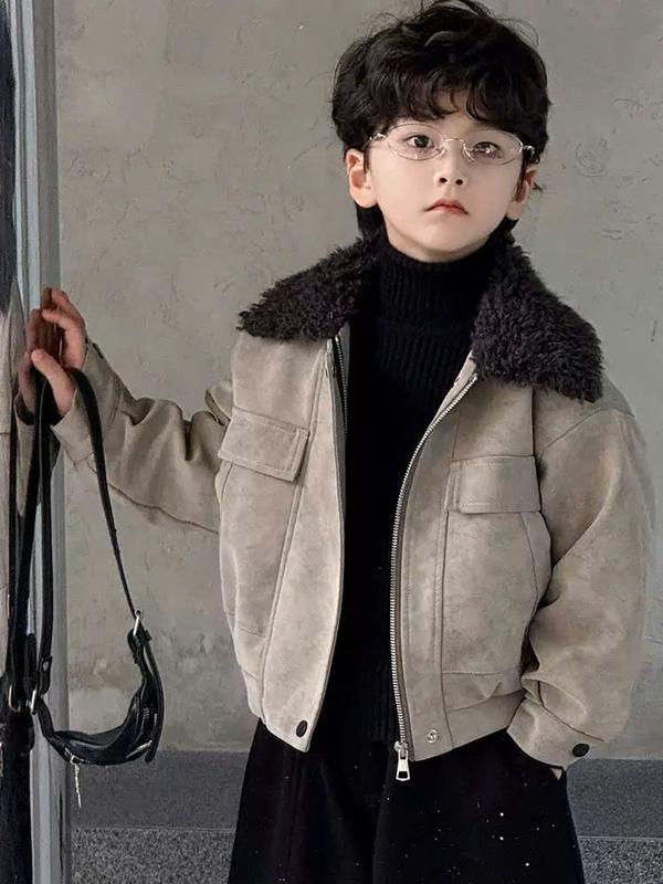 Áo Khoác Da Lỳ 25766 Màu Xám Bên Trong Lót Lông 15-45Kg 3 đến 13 tuổi Cho bé Trai