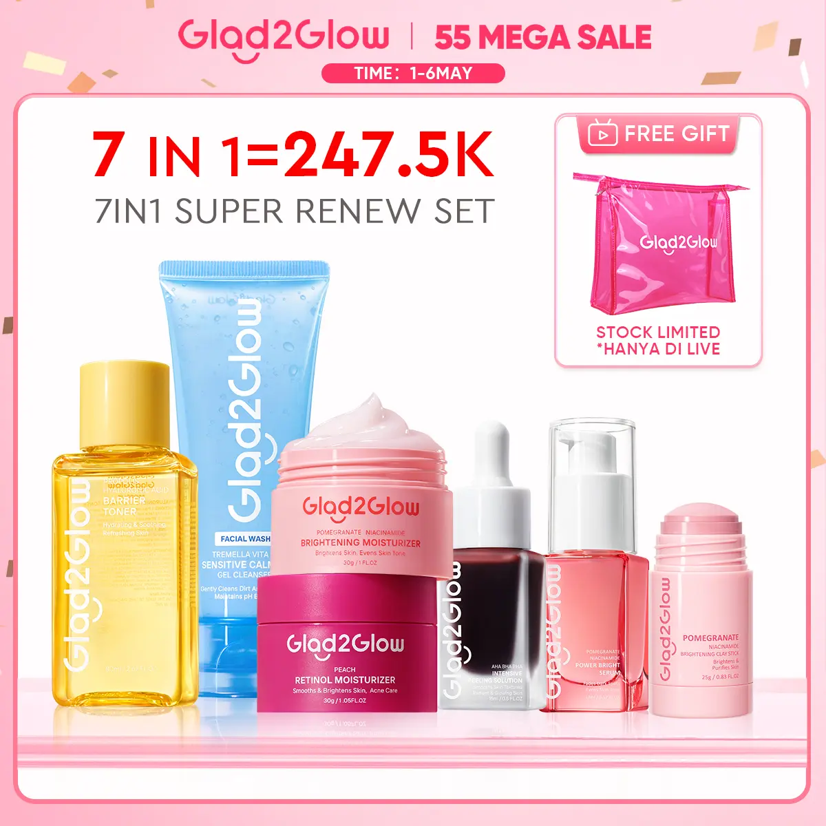 [Ready stock] Glad2Glow Renew bundle 7in1 -Brightening toner+Brightening Moisturizer+Milk Cleanser+Brightening Serum+Peeling solution+Retinol moisturizer Pomegranate Niacinamide Mencerahkan Wajah Mencerahkan Melembabkan Kulit skin skincare G2G