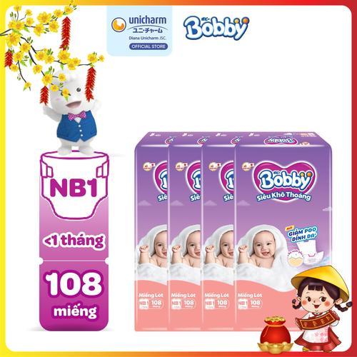   COMBO 4  Bobby Miếng lót sơ sinh Newborn 1 - NB1 108 miếng Siêu khô thoáng  bao bì ngẫu nhiên  