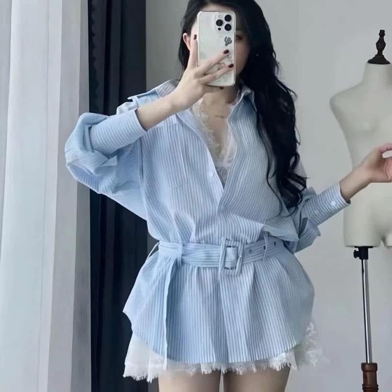 Mèo Mỡ Bigsize — Set thời trang nữ bigsize 60-90kg đầm sơmi sọc + yếm ren trắng kèm đai thắt nịt tay dài sọc xanh