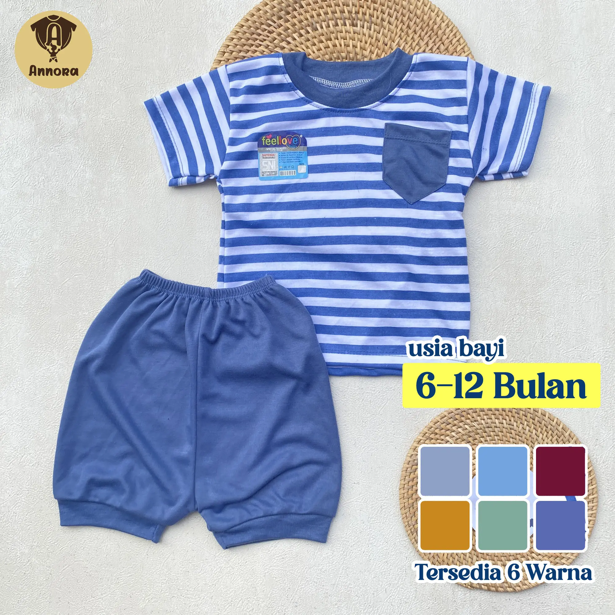 Set Baju Bayi Laki Laki Perempuan Annora Baby - 6-12 Bulan, 6 Varian Warna - Abu, Biru, Mustard, Marun, Sage