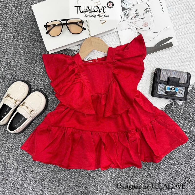  Váy Cho Bé Gái Vải Lụa Tằm Màu Đỏ Cổ Vuông Cực Xinh Cho Bé 