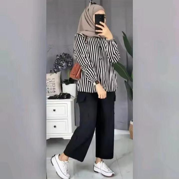 PROMO GUNCANG SETELAN KEMEJA SALUR DAN CELANA CARGO TERLARIS