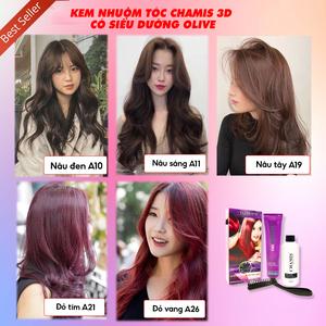 Kem nhuộm tóc cao cấp Chamis 3D có thành phần siêu dưỡng từ olive 30 tone màu xám khói, nâu trà sữa, nâu tây Lên Màu Lấp Lánh giúp tóc Mềm Mượt 200ml (Kèm trợ nhuộm, bao tay, lược), Phủ bạc