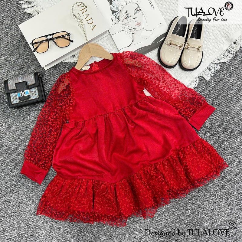  Váy Cho Bé Gái Vải Lụa Tằm Màu Đỏ Phối Ren Tay 