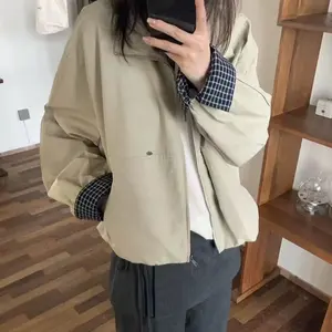 yikoo-Oversize jakets kotak-kotak korea coat lengan panjang longgar outerwear wanita