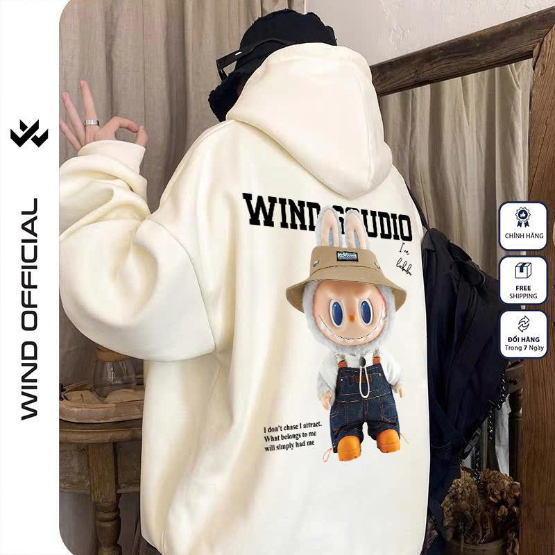 Áo hoodie unisex form rộng WIND Labubu BOO áo khoác zip thời trang nam nữ nỉ bông dây kéo oversize Menswear Tay Dài Dài Tay