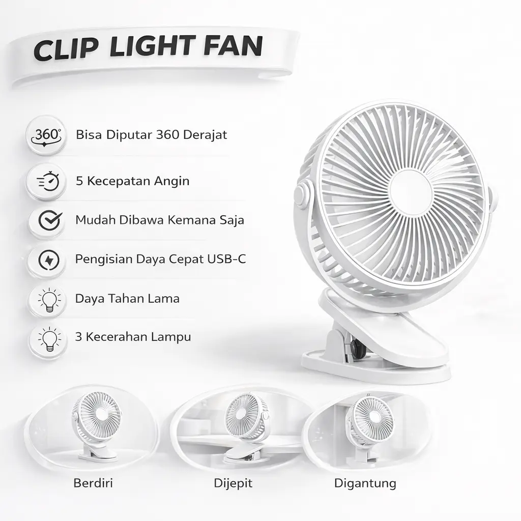 Kipas Jepit Portable Mini Fan USB Type C Rechargeable 5 Mode Angin Silent 360 Derajat untuk Meja Belajar Kamar Bayi Mobil Hemat Listrik