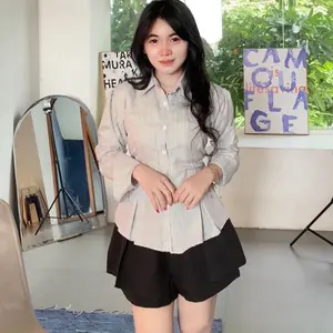 Kemeja Stripe Rempel Korean Look Fitted Shirt - Atasan Wanita Stripe Salur - Kemeja Wanita Kantor Formal Casual  Katun Basic Panjang Baju Kerja