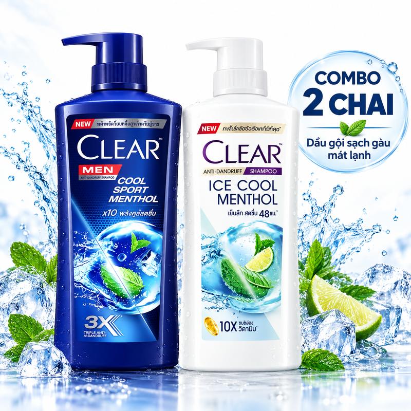 Combo 2 chai dầu gội CLEAR Thái Lan chính hãng – CLEAR Men Cool Sport 390ml + Ice Cool Menthol 370ml, bạc hà mát lạnh, sạch gàu, chăm sóc tóc và da đầu
