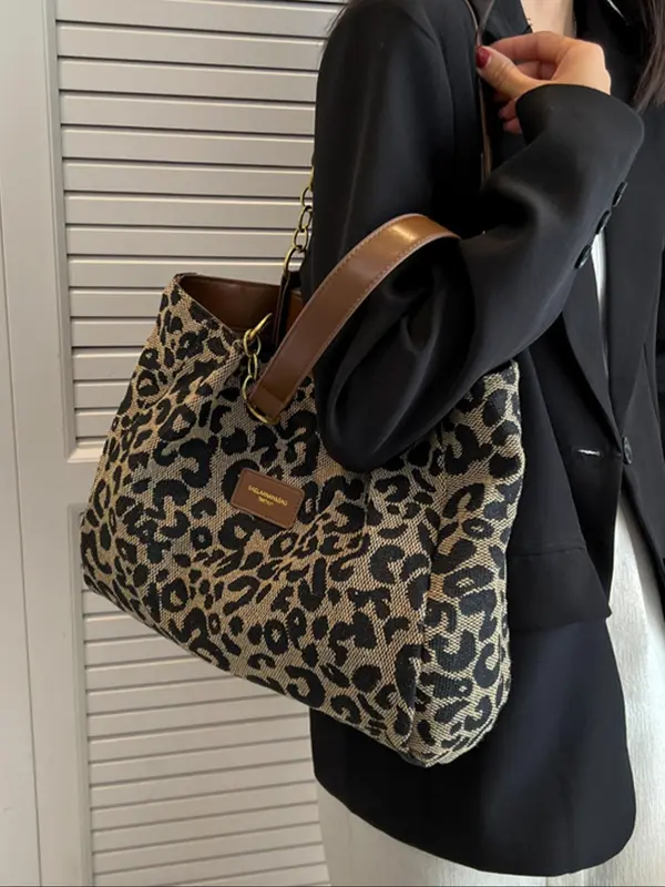 Fashion Leopard Pattern Tote Bag, Lightweight and Versatile Shoulder Bag, Casual Large Capacity Commuting Bag, Shopping Bag, Solid Color Bag 4