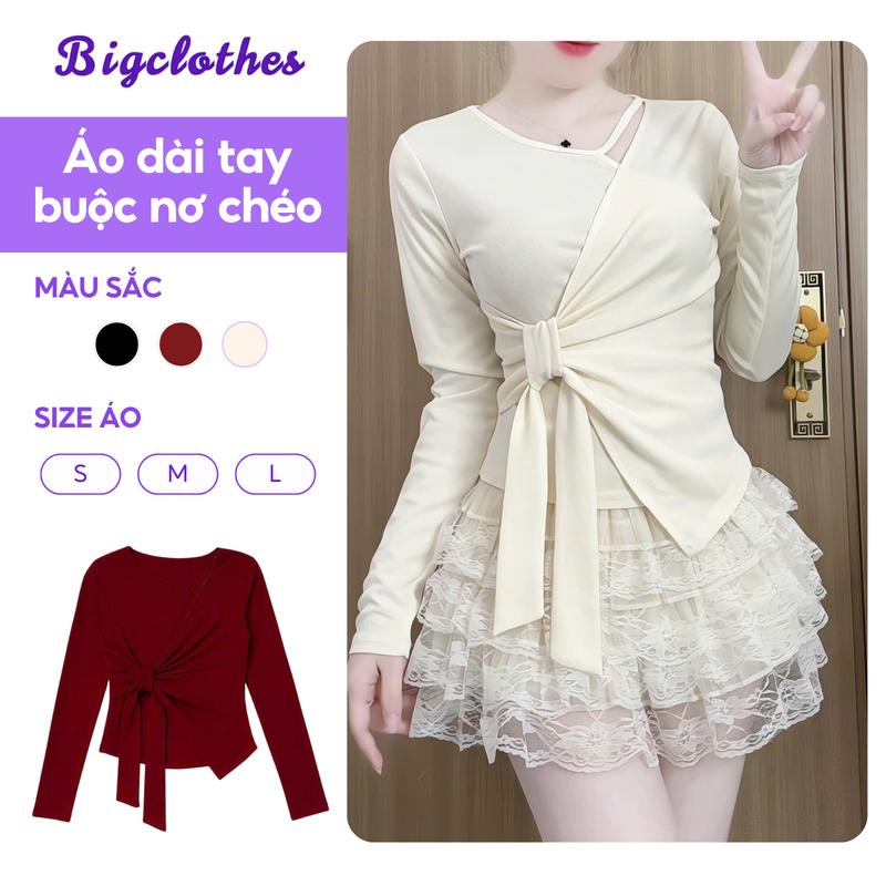 [DEAL MỞ BÁN] Áo Thun Nữ Dài Tay Vạt Chéo Buộc Nơ BigClothes, Áo Thun Nữ Thu Đông Cổ V Dây Chéo D19