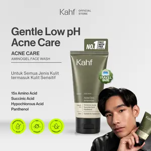 [NEW! TRAVEL SIZE FACIAL WASH] Kahf Acne Care Amino Gel Face Wash 50 ml - Sabun Cuci Muka Pria Kulit Sensitif Low pH Menghilangkan Jerawat - Succinic Acid, Hypochlorous Acid, Panthenol, HydroBalance Prime - Suitable for Sensitive Skin & Daily Use