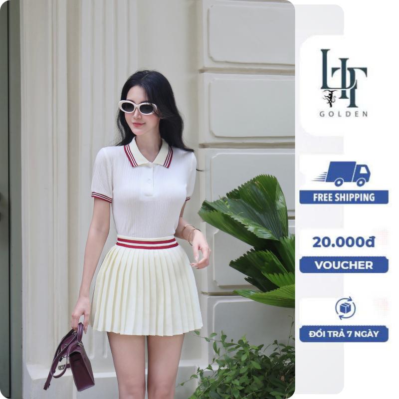 Set Đồ Nữ Áo Polo Kiểu Len Tăm Chân Váy Xếp Ly Nhỏ Sang Trọng Lit Golden. Đồ Hot Trend 2025