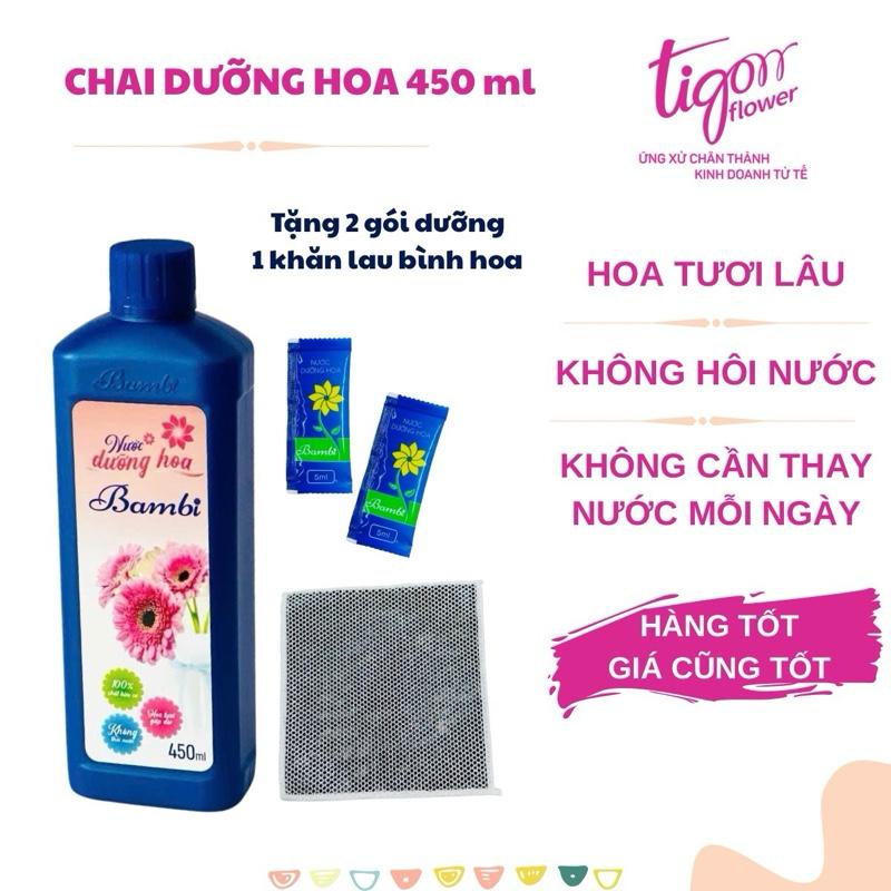 CHAI 450ML NƯỚC DƯỠNG HOA BAMBI tặng 2 gói dưỡng và 1 khăn lau bình hoa - giúp hoa tươi lâu không hôi nước không cần thay nước