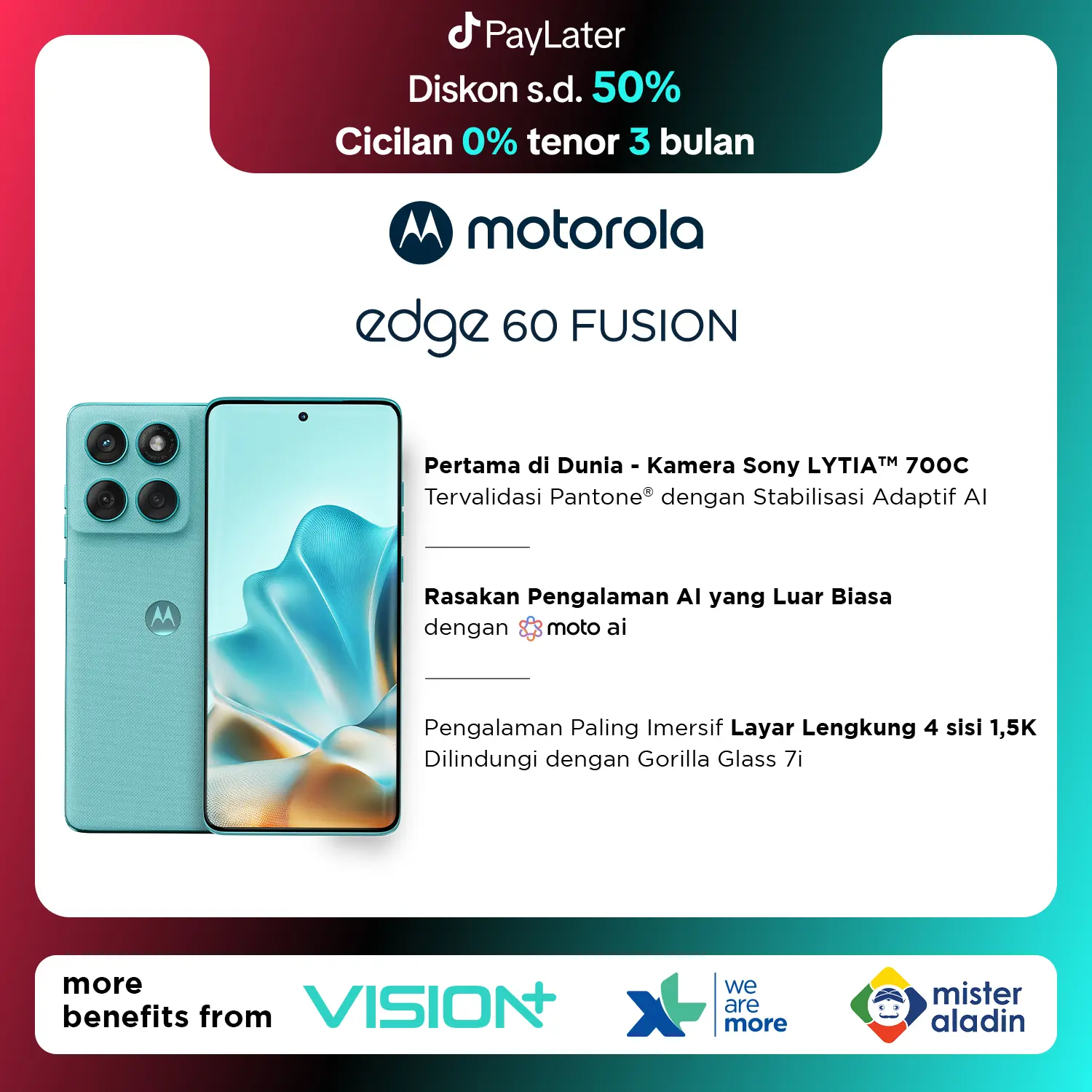 Motorola Edge 60 Fusion 5G 12/256GB - Moto AI - MTK Dimensity 7400 - 4500 nits - 6.7 inch 4D Curved Display - Gorilla Glass 7i - 120Hz - 50MP Main Camera Lytia 700C - 32MP Selfie - 5500mAh - NFC - Dolby Atmos Stereo - Bonus Charger 68W & Hard Case