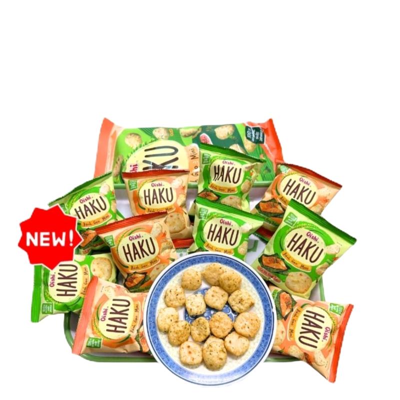 Bánh Gạo Haku Mini Oishi 10 túi nhỏ gói - Vị Cá Hồi Rong Biển & Vị Mè Rang Tỏi Giòn