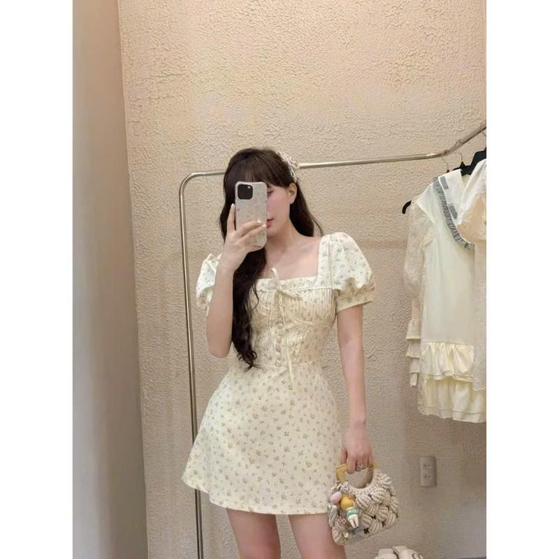 (Kèm quần trên live) Đầm Dạo Phố Hoa Nhí Cổ Vuông Tay Phồng | Nàng Thơ - DARIE DRESS