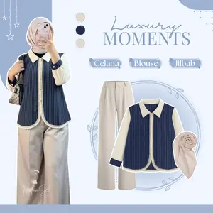 Setelan Outfit Wanita Elegan ( Atasan Blouse Salur - Celana Kulot - Jilbab ) One Set Casual Remaja Kekinian HO228N