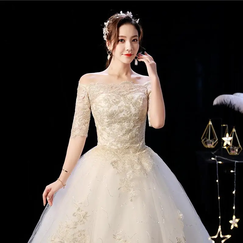 Wanita Maxi gaun pengantin dari renda putih pesta pernikahan Ekor Panjang Short Sleeve Long Tail Women White Lace Wedding Dresses Maxi Bride Gown 4