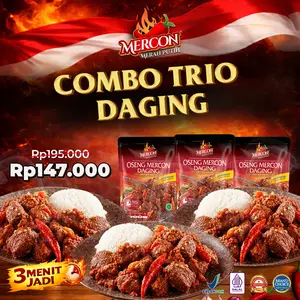 [BEST SELLER - SUBSIDI SPESIAL LIVE] Mercon Merah Putih-Combo Bertiga  3 Pack Oseng Mercon Daging / Makanan Kaleng Siap Saji / Iga Mercon / Sambel Iga Food Instan Pedas
