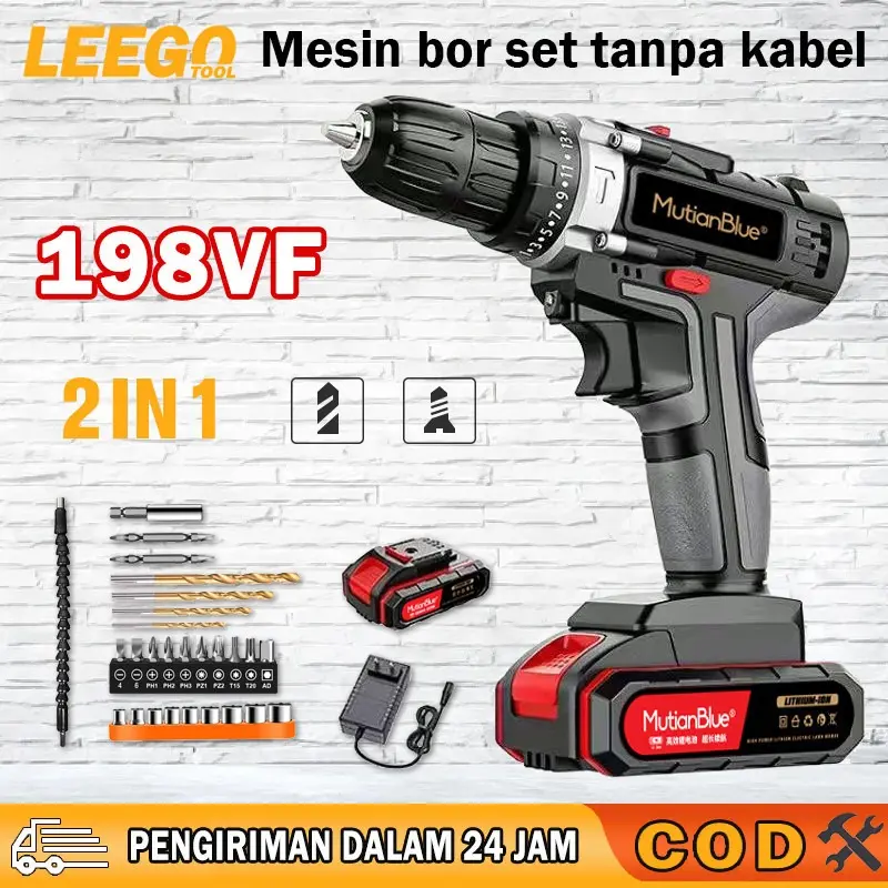 Mesin Bor Bor Baterai Bor Listrik Bor Tanpa kabel 198VF Mesin Cordless Screwdriver Tembok Beton Kayu Bor Impact Cordless Electric Drill Set