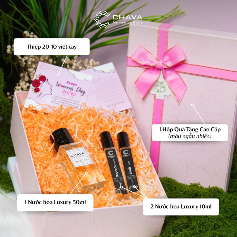 COMBO QUÀ TẶNG NỮ Nước Hoa Nữ Luxury C CHAVA - 50ML Tặng 2 Lọ 10ML Rebecca Anne Deborah Ruth: Hương Thơm Chuẩn Pháp Lưu Hương 6-8H Trên Da và 3-7 Ngày Trên Quần Áo
