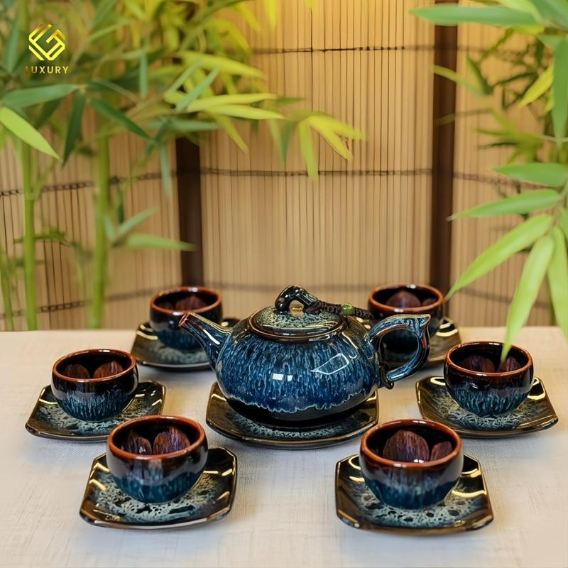  Bộ Ấm Chén Quả Hồng Men Hỏa Biến Cẩm Lai Xanh Nghệ Nhân Nguyễn Văn Hải - Ấm chén Bát Tràng - Gốm sứ Luxury 