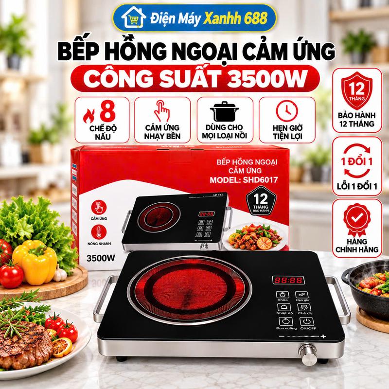 Bếp Hồng Ngoại SUNNHOUSSE Công Suất 3500W, Bếp Hồng Ngoại Cảm Ứng Núm Vặn, 8 Chế Độ Nấu, Dùng Mọi Loại Nồi , Bảo Hành 12 Tháng