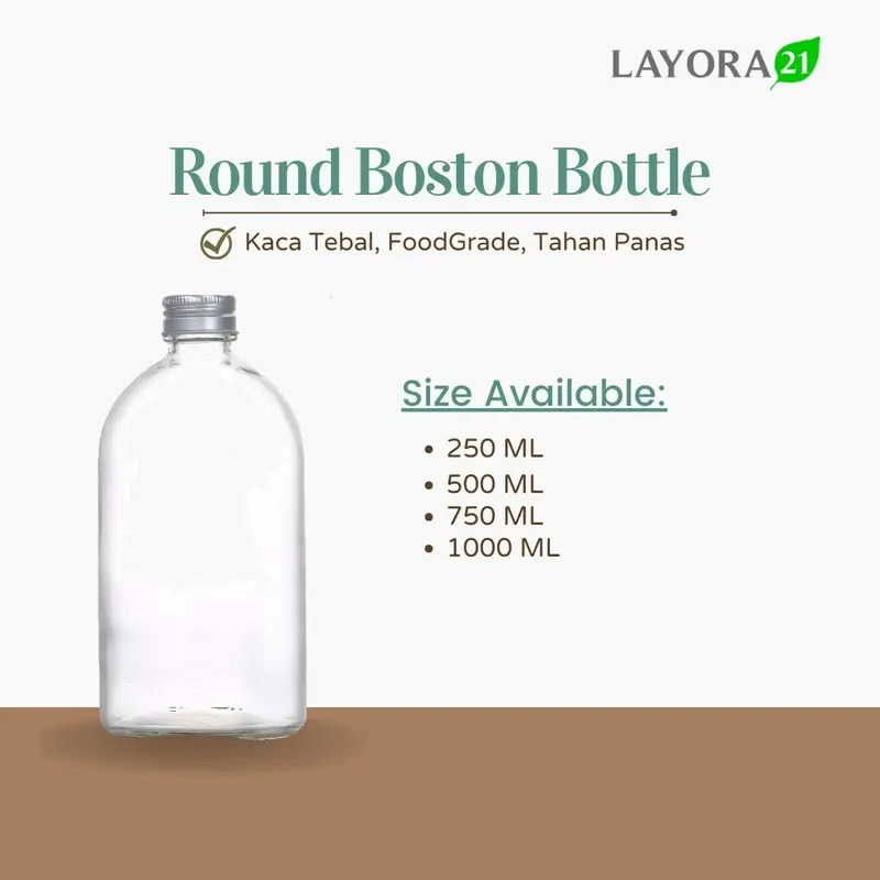 Layora21 Round Boston Glass Bottle Alu Lid 250ml 350ml 500ml 1000ml | Botol Kaca Model Boston (P058) botol  pir 0