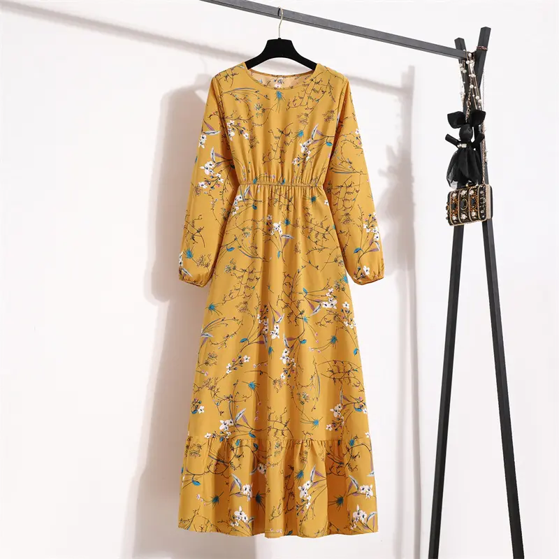 Cross-Border Foreign Trade Floral Chiffon Dress Women's Spring Long Sleeve round Neck Bottoming Skirt Waist Slimming Long Dress