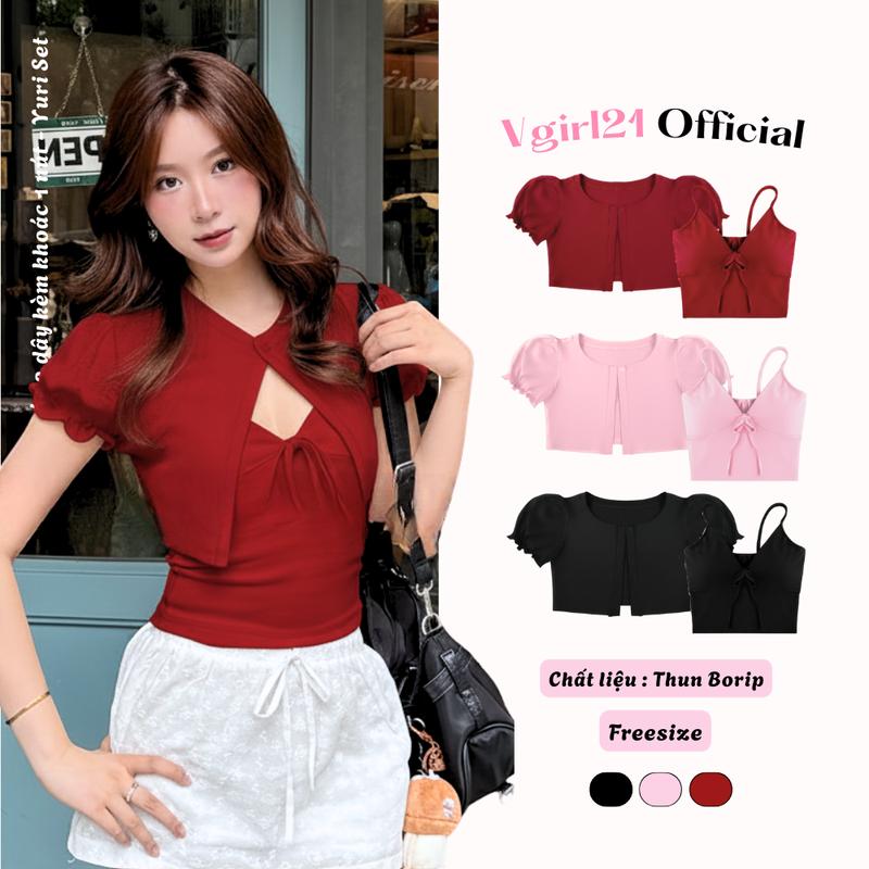 YURI SET - Set Áo Cardigan Tay Phồng Nhún Dáng Ngắn Thời Trang Nữ Kèm Áo Hai Dây Croptop Ôm Body - Basic - Dễ Phối Đồ - Chất Liệu Thun Borip - Màu Đỏ Hồng Đen