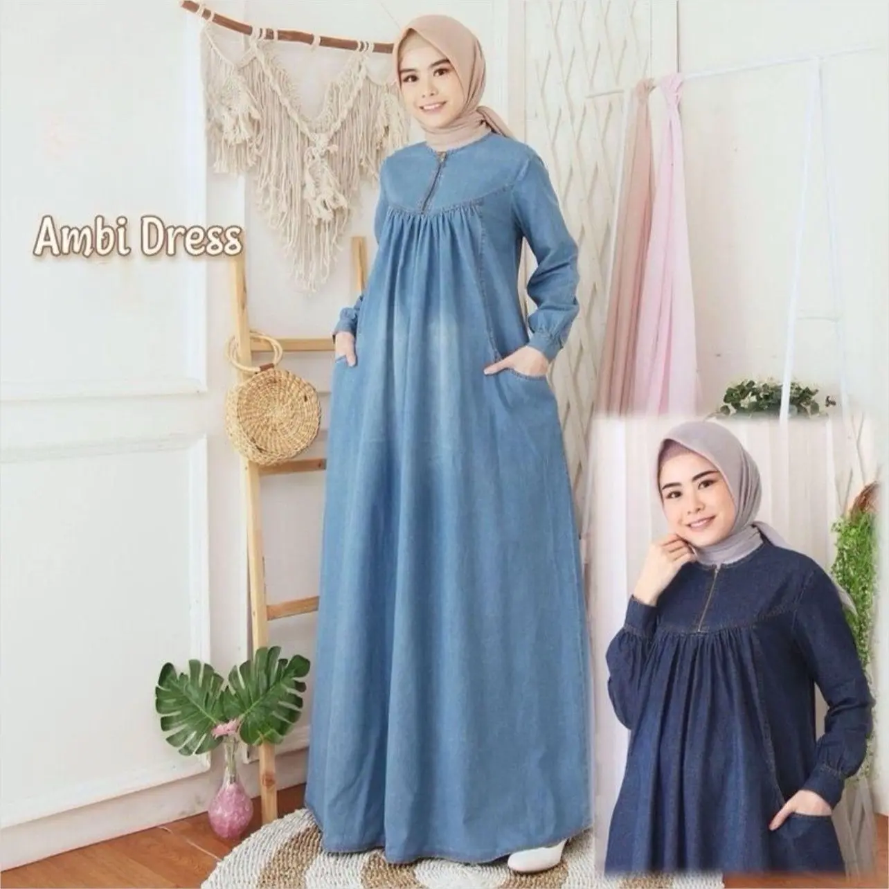 Ambi Gamis Dress Maxi Jeans Panjang Wanita Dewasa Muslim Tangan Panjang Standart Ld 110cm Lengan Kancing