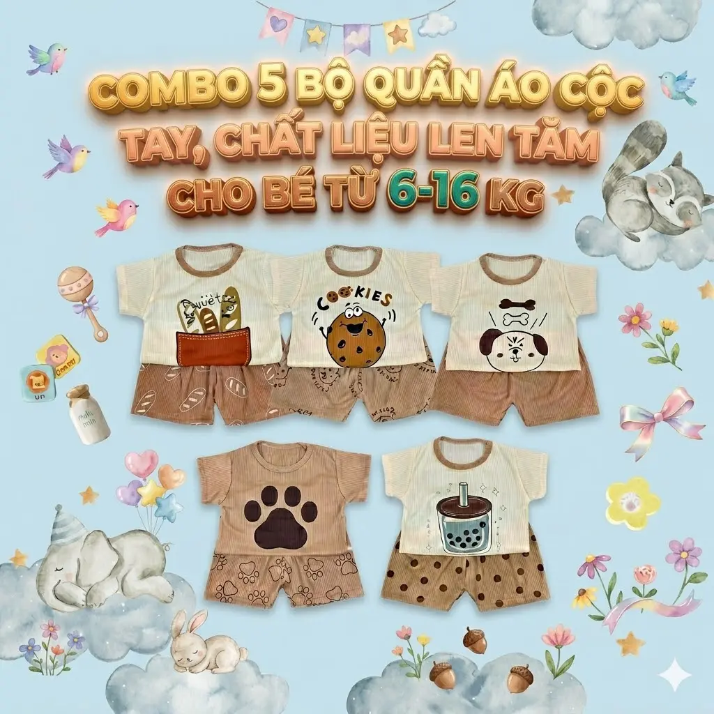 A55 Combo 4-5 quần áo cộc tay/ dài tay cho bé chất liệu tăm lạnh sz từ 6-16kg