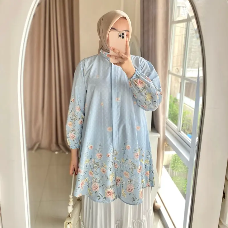 Inara Tunik Long Motif Bunga Muslim Atasan Wanita Katun Remaja Dewasa